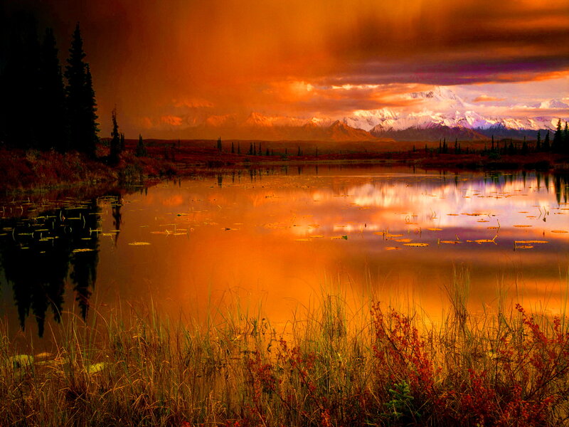 Mountain Lake at Sunset — Orange, Dramatic, Photograph, Snow-capped Mountains