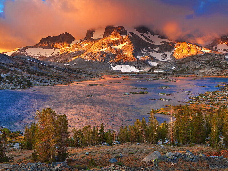 Mountain Lake at Sunset — Orange, Dramatic, Photograph, Snow-capped Peaks