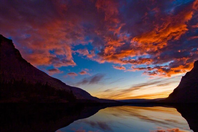 Mountain Lake at Sunset — Orange, Dramatic, Photograph