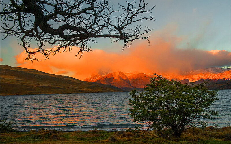 Mountain Lake at Sunset — Orange, Dramatic, Photograph, Tree