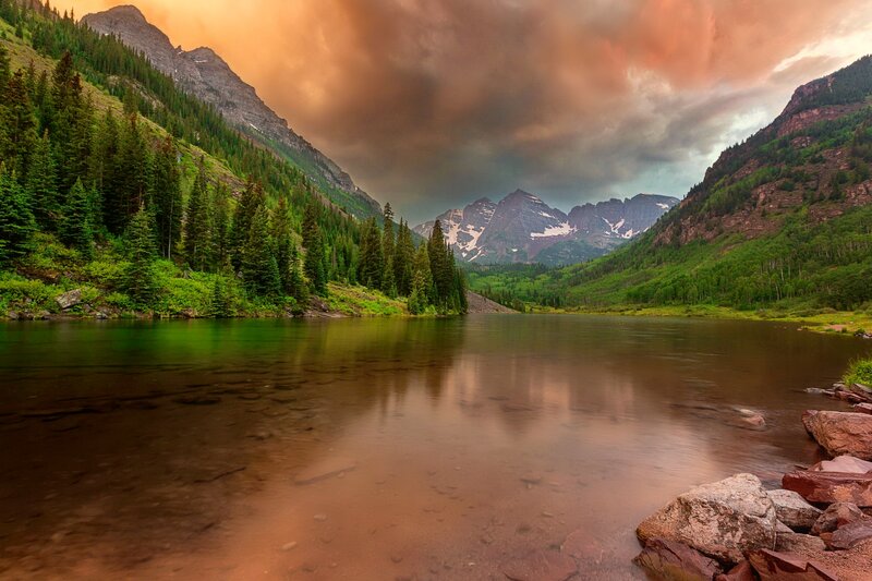 Mountain Lake at Sunset — Orange, Dramatic, Photograph, Trees, Mountains, Clouds