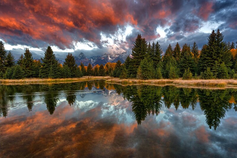 Mountain Lake at Sunset — Orange, Dramatic, Photograph, Trees, Mountains