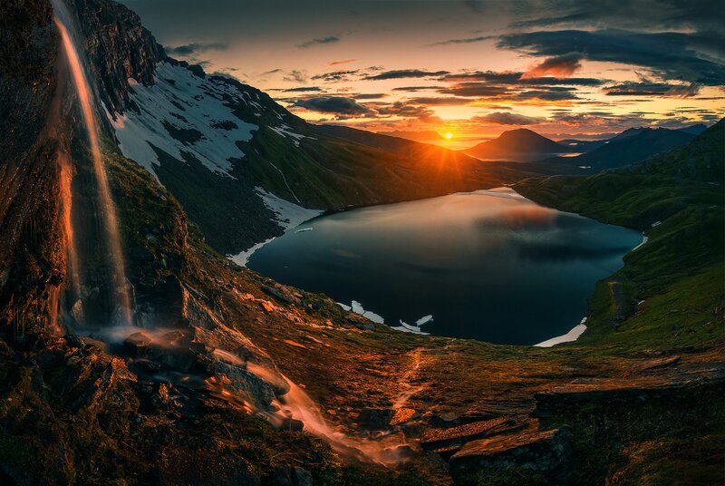 Mountain Lake at Sunset — Orange, Dramatic, Photograph, Waterfall, Snow