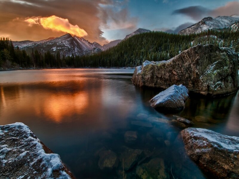 Mountain Lake at Sunset — Orange, Dramatic