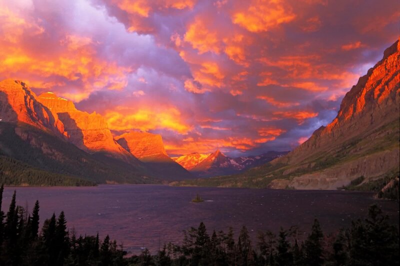 Mountain Lake at Sunset — Orange, Purple