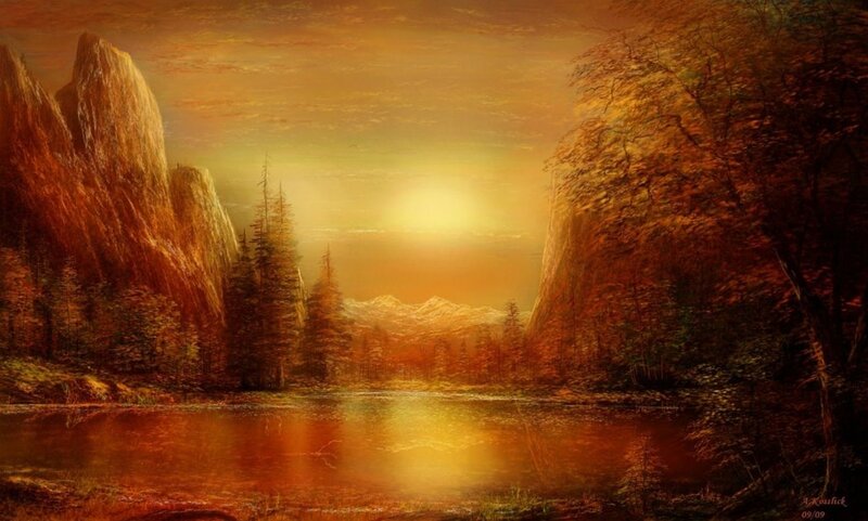 Mountain Lake at Sunset — Orange, Serene, Painting
