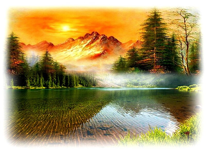 Mountain Lake at Sunset — Orange, Serene, Painting, Trees