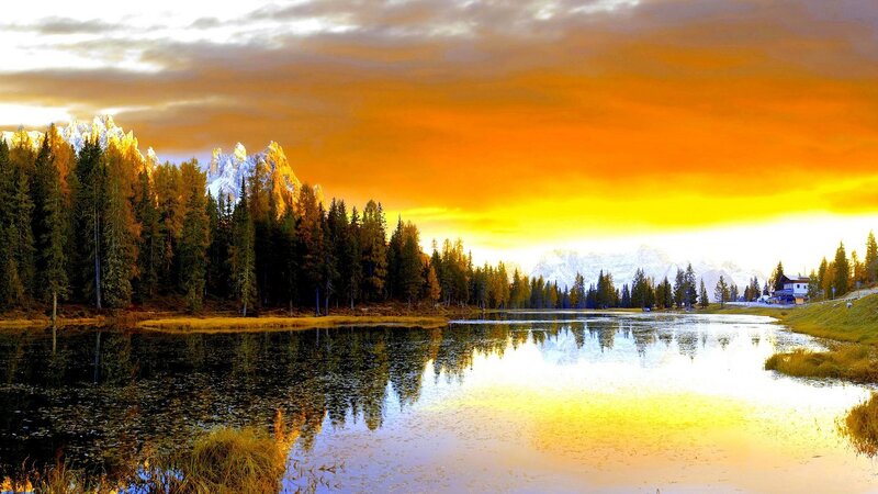 Mountain Lake at Sunset — Orange, Serene, Photograph, Forest