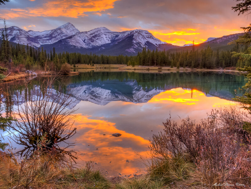 Mountain Lake at Sunset — Orange, Serene, Photograph, Mountains, Forest, Reflection