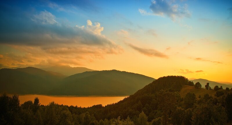 Mountain Lake at Sunset — Orange, Serene, Photograph, Mountains, Forest, Sky, Blue