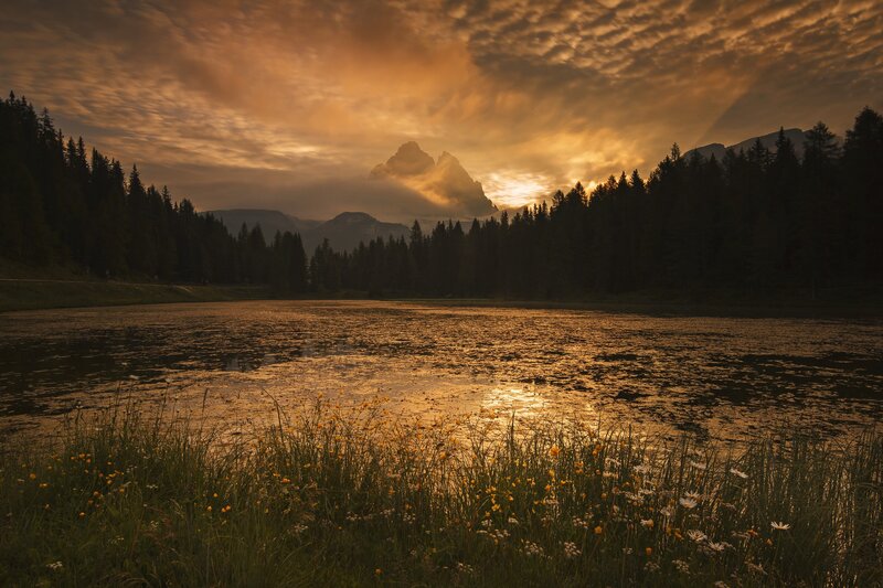 Mountain Lake at Sunset — Orange, Serene, Photograph, Mountains, Forest, Sky, Flowers