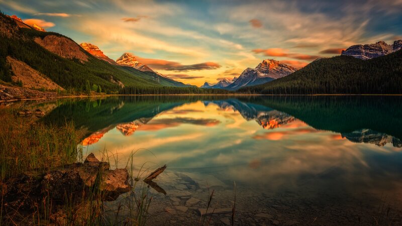 Mountain Lake at Sunset — Orange, Serene, Photograph, Mountains, Forest, Sky