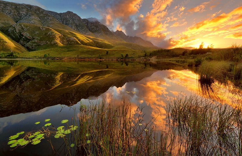 Mountain Lake at Sunset — Orange, Serene, Photograph, Mountains, Reflection