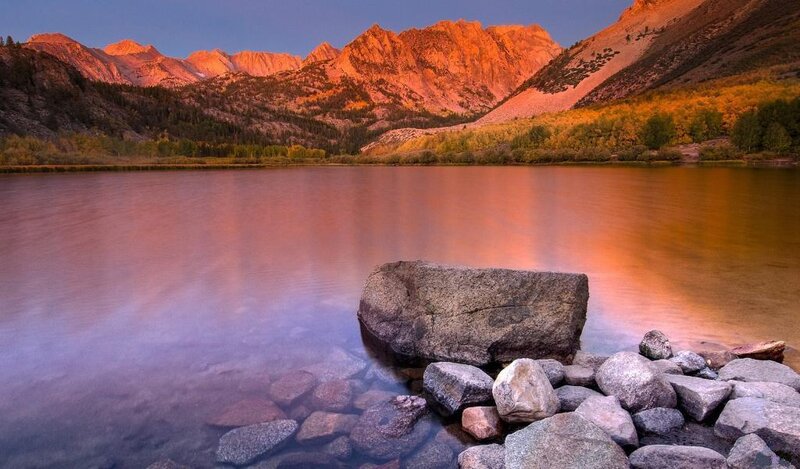 Mountain Lake at Sunset — Orange, Serene, Photograph, Mountains, Rocks