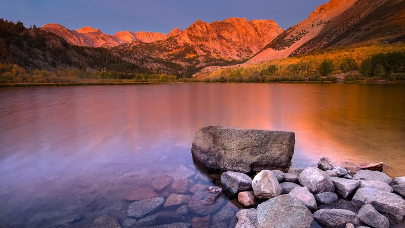 Mountain Lake at Sunset — Orange, Serene, Photograph, Mountains, Rocks, Trees, Blue