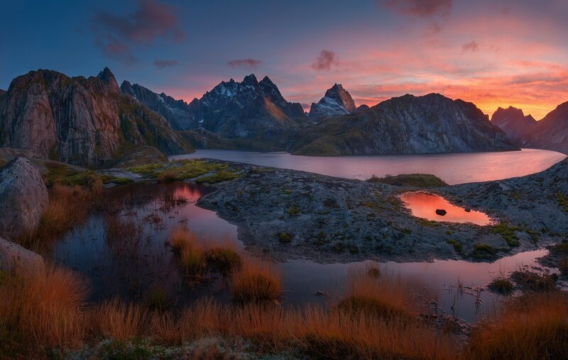 Mountain Lake at Sunset — Orange, Serene, Photograph, Mountains, Sky, Grass