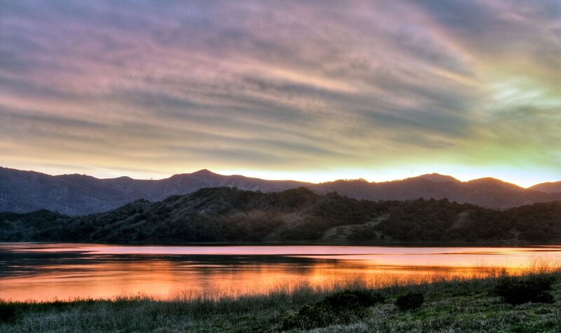 Mountain Lake at Sunset — Orange, Serene, Photograph, Mountains, Sky, Water