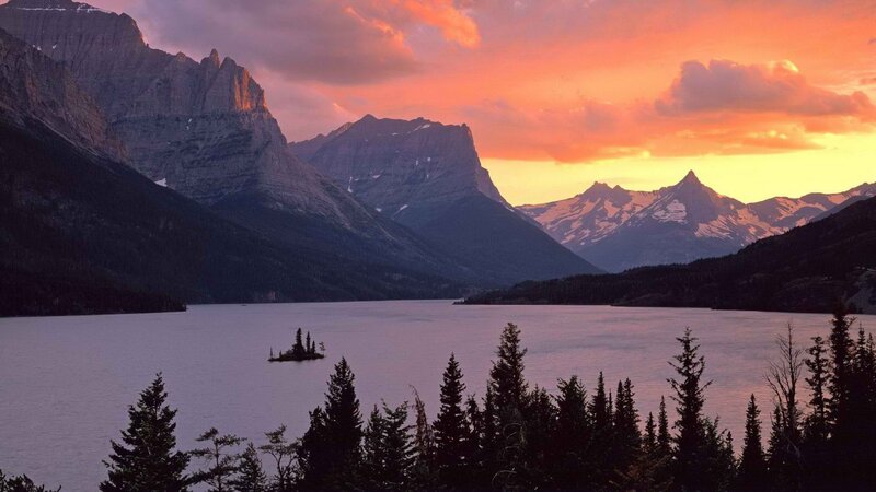 Mountain Lake at Sunset — Orange, Serene, Photograph, Mountains, Trees, Island
