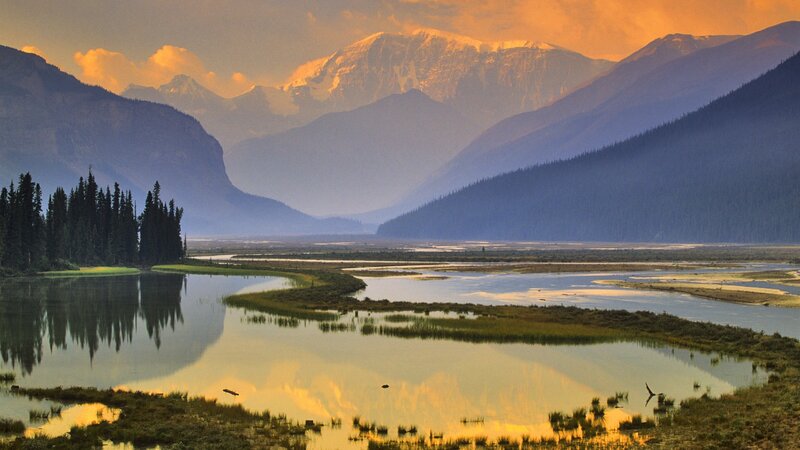 Mountain Lake at Sunset — Orange, Serene, Photograph, Mountains, Trees, River, Blue