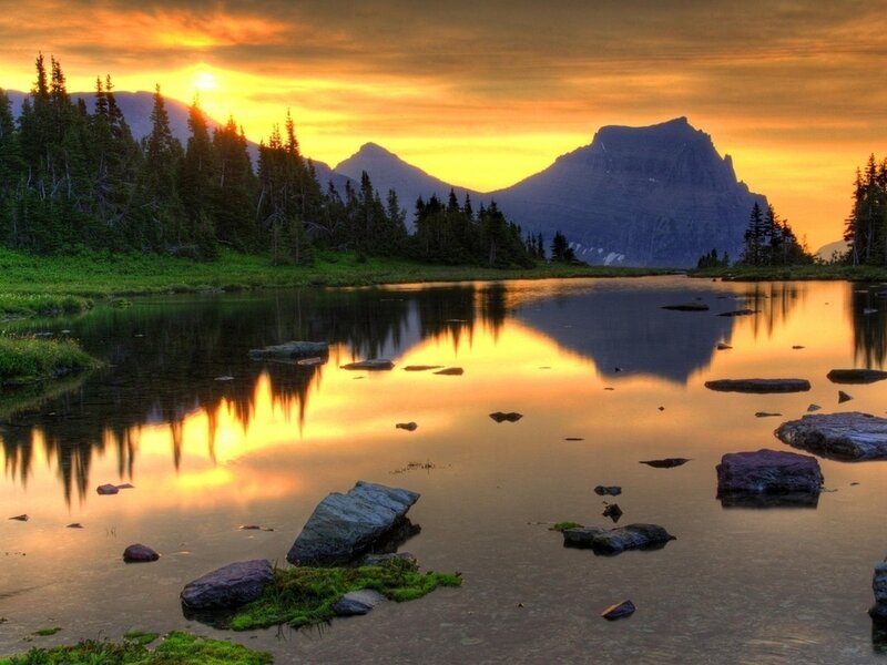 Mountain Lake at Sunset — Orange, Serene, Photograph, Mountains, Trees, Rocks