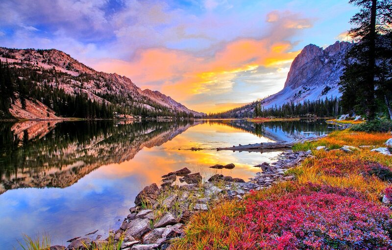 Mountain Lake at Sunset — Orange, Serene, Photograph, Mountains, Trees, Sky, Rocks