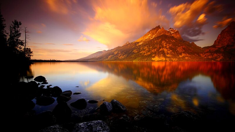 Mountain Lake at Sunset — Orange, Serene, Photograph, Mountains, Trees, Sky