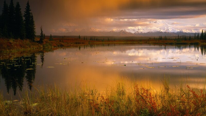 Mountain Lake at Sunset — Orange, Serene, Photograph, Snow-capped Mountains