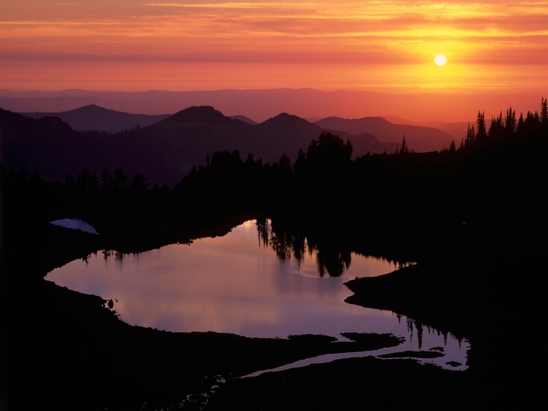 Mountain Lake at Sunset — Orange, Serene, Photograph, Sun, Mountains