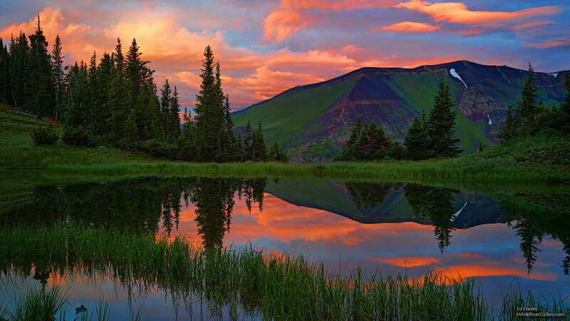 Mountain Lake at Sunset — Orange, Serene, Photograph