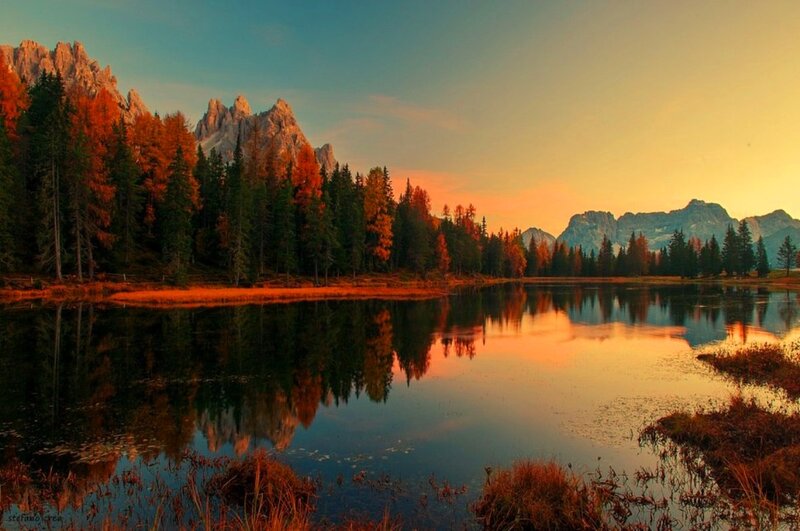 Mountain Lake at Sunset — Orange, Serene, Photograph, Trees, Mountains, Reflection