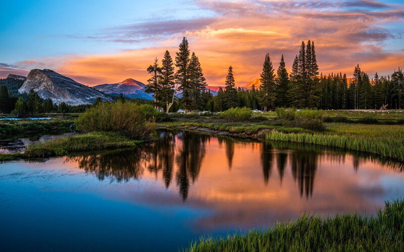 Mountain Lake at Sunset — Orange, Serene, Photograph, Trees, Mountains, Sky