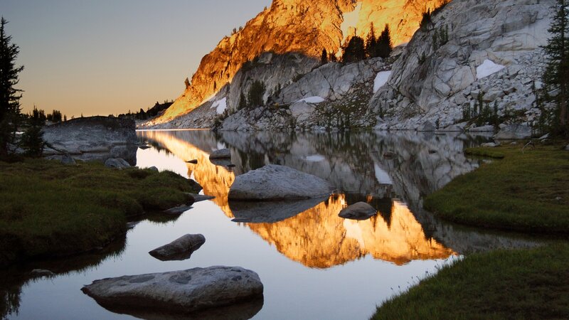 Mountain Lake at Sunset — Orange, Serene, Photograph, Trees, Snow, Green
