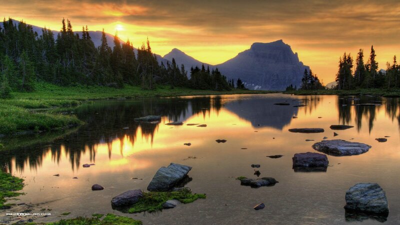 Mountain Lake at Sunset — Orange, Serene, Photograph, Trees