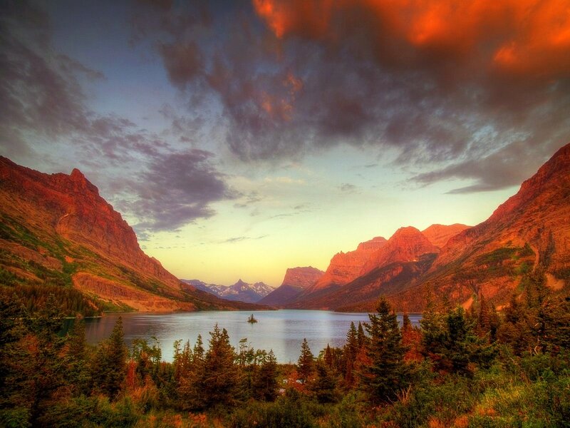 Mountain Lake at Sunset — Orange