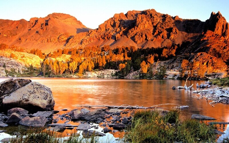 Mountain Lake at Sunset — Orange, Trees