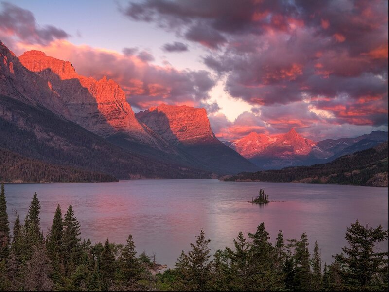 Mountain Lake at Sunset — Pink, Dramatic, Photograph, Clouds