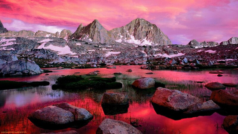 Mountain Lake at Sunset — Pink, Dramatic, Photograph, Mountains, Rocks