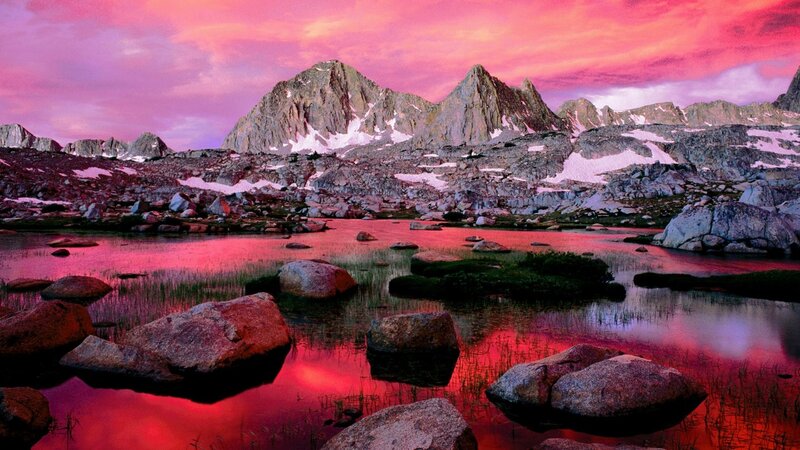 Mountain Lake at Sunset — Pink, Dramatic, Photograph, Mountains, Snow, Rocks