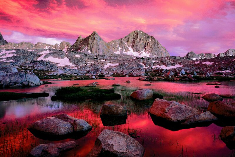 Mountain Lake at Sunset — Pink, Dramatic, Photograph, Mountains, Snow