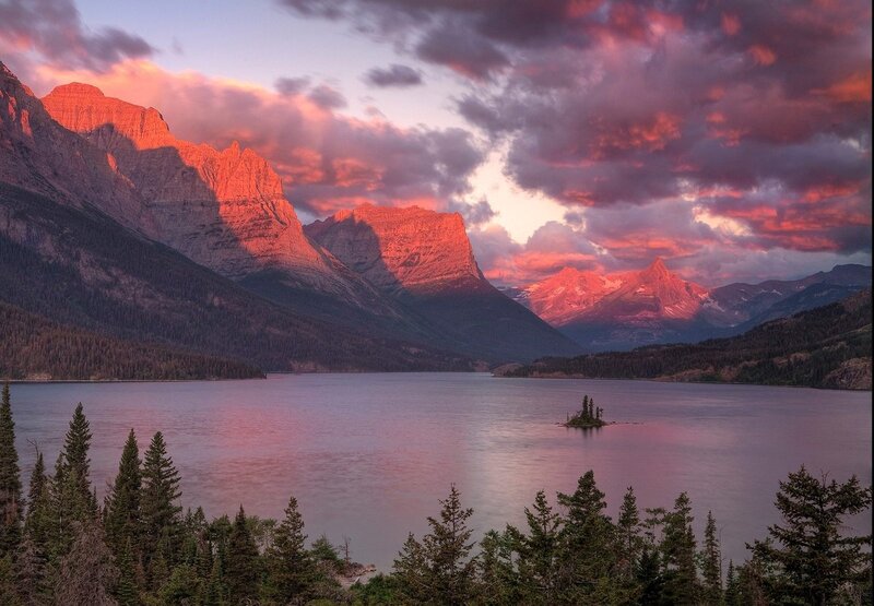 Mountain Lake at Sunset — Pink, Dramatic, Photograph, Mountains, Trees, Clouds