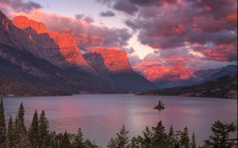 Mountain Lake at Sunset — Pink, Dramatic, Photograph, Mountains, Trees