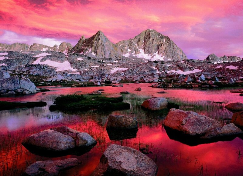 Mountain Lake at Sunset — Pink, Dramatic, Photograph