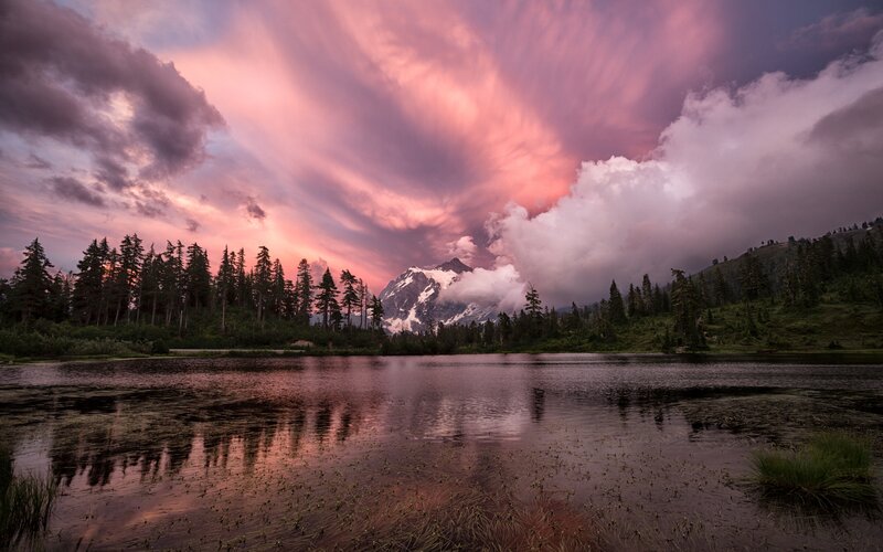 Mountain Lake at Sunset — Pink, Dramatic, Photograph, Trees, Clouds, Snow-capped Mountain