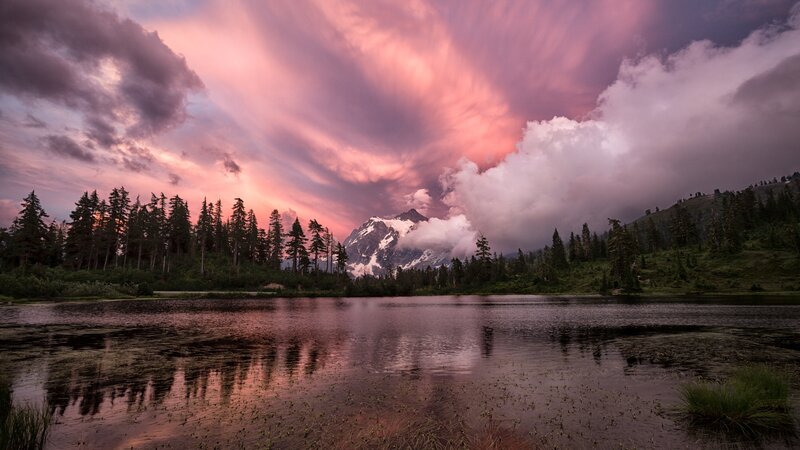 Mountain Lake at Sunset — Pink, Dramatic, Photograph, Trees, Clouds