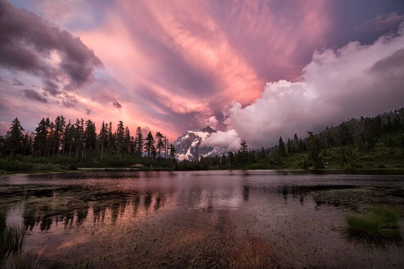 Mountain Lake at Sunset — Pink, Dramatic, Photograph, Trees