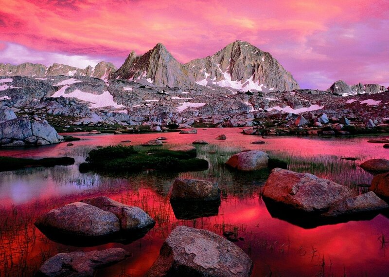 Mountain Lake at Sunset — Pink, Dramatic
