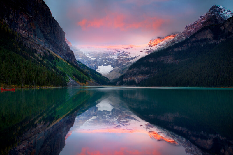 Mountain Lake at Sunset — Pink, Serene, Photograph, Mountains, Forest, Canoe