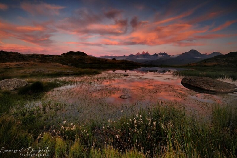 Mountain Lake at Sunset — Pink, Serene, Photograph, Mountains, Sky