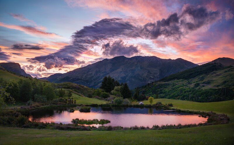 Mountain Lake at Sunset — Pink, Serene, Photograph, Mountains, Sky, Trees
