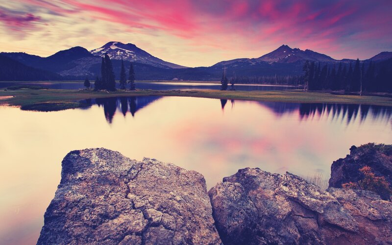 Mountain Lake at Sunset — Pink, Serene, Photograph, Mountains, Trees, Rocks